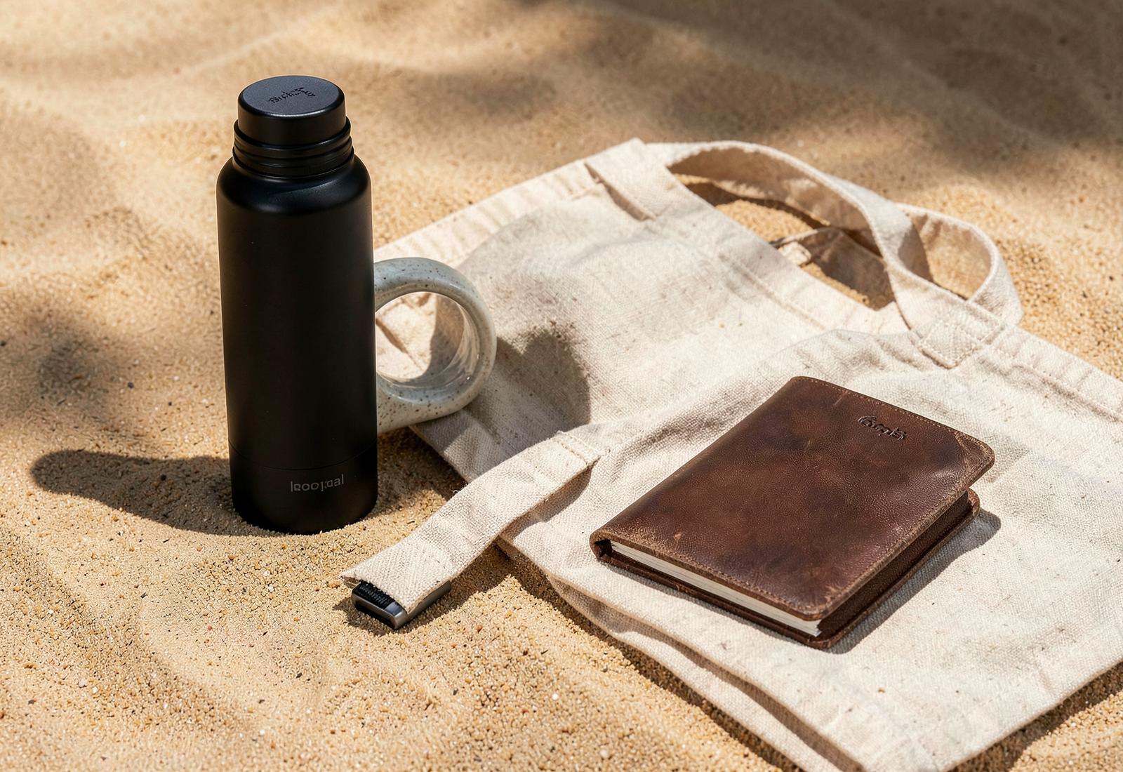 Composição de brindes corporativos personalizados: garrafa térmica, caneca, caderno e mochila
